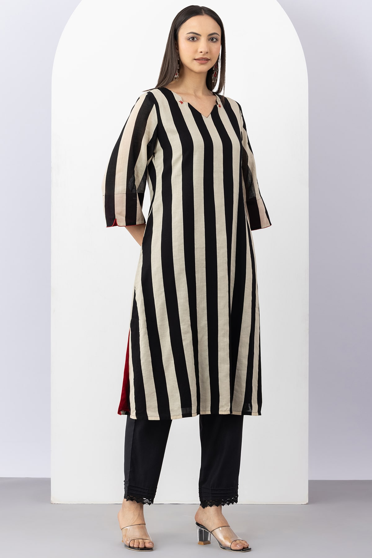 cotton kurti for women black beige stripe v neck 3/4 sleeves