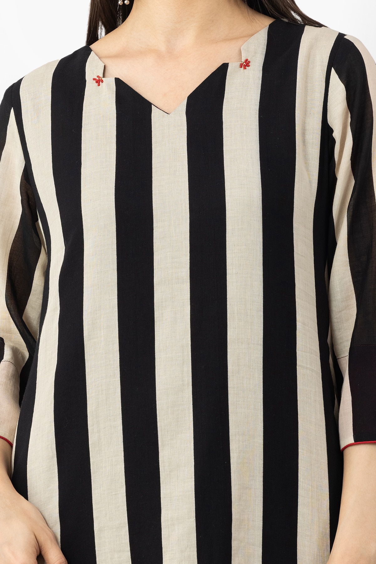 cotton kurti for women black beige stripe v neck 3/4 sleeves