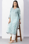 printed kurti women greyish blue viscose v neck 3/4 sleeves