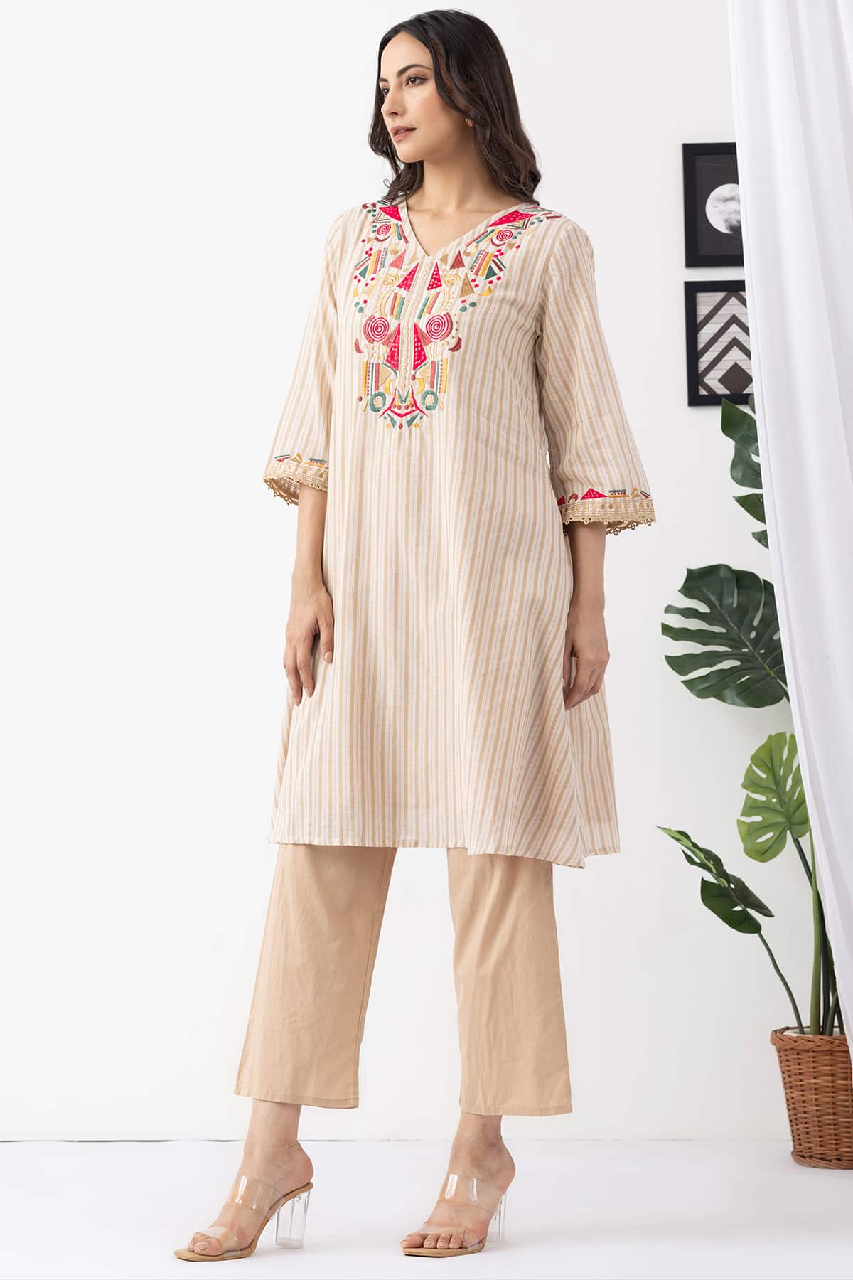 beige kurta set for women embroidered cotton stripe v neck 3/4 sleeves