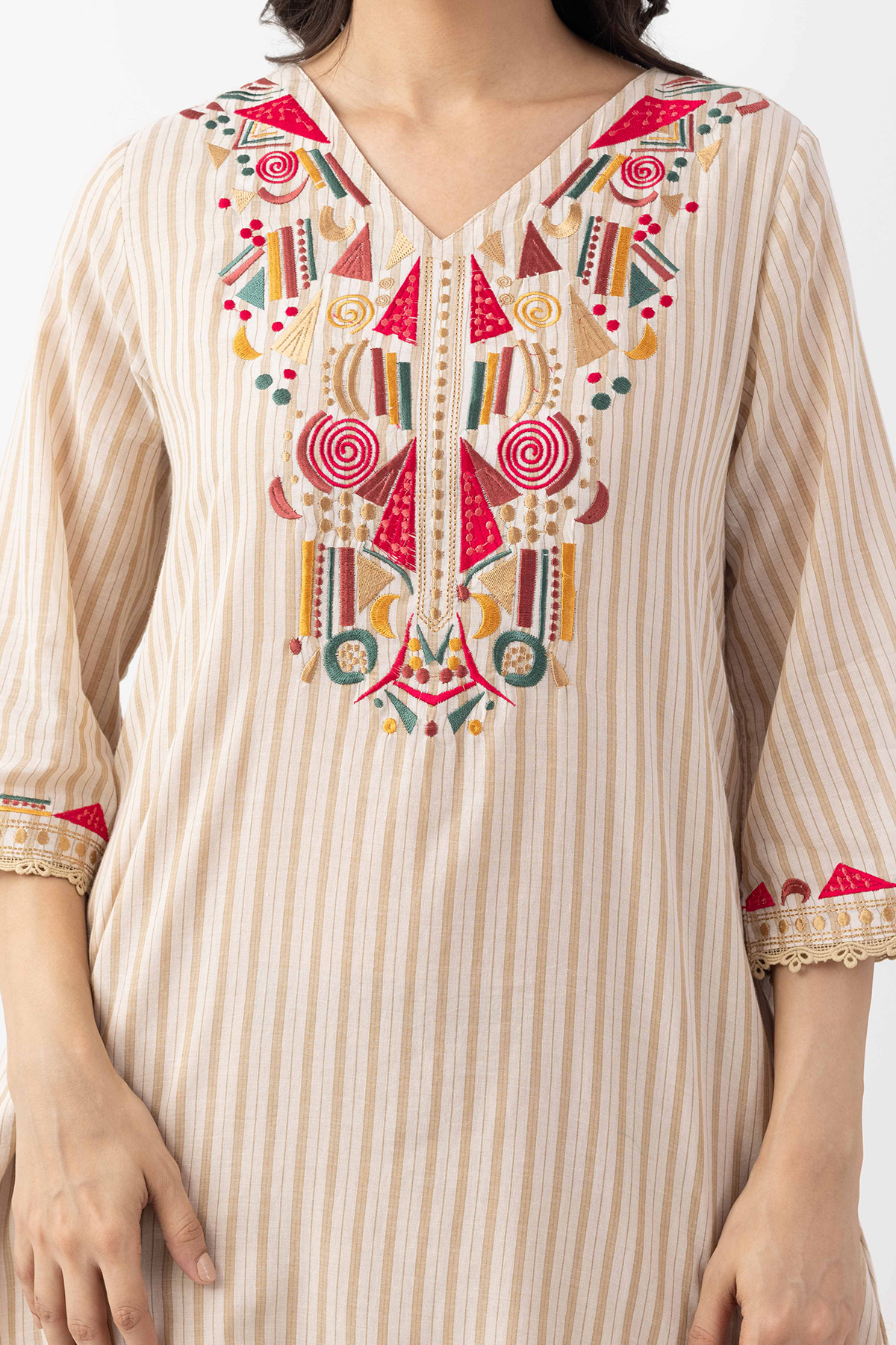 beige kurta set for women embroidered cotton stripe v neck 3/4 sleeves