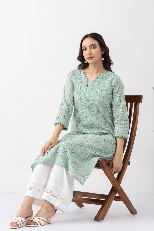 embroidered cotton kurti sage green cotton schiffli round neck 3/4 sleeves