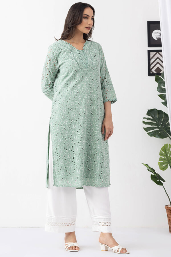 embroidered cotton kurti sage green cotton schiffli round neck 3/4 sleeves