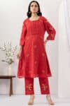 embroidered kurta for women salmon red mulmul cotton dobby round neck