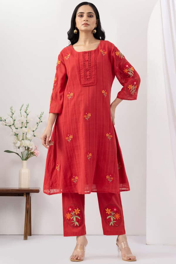 embroidered kurta for women salmon red mulmul cotton dobby round neck