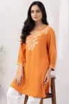 orange tunic for women embroidered moss viscose round neck 3/4 sleeves