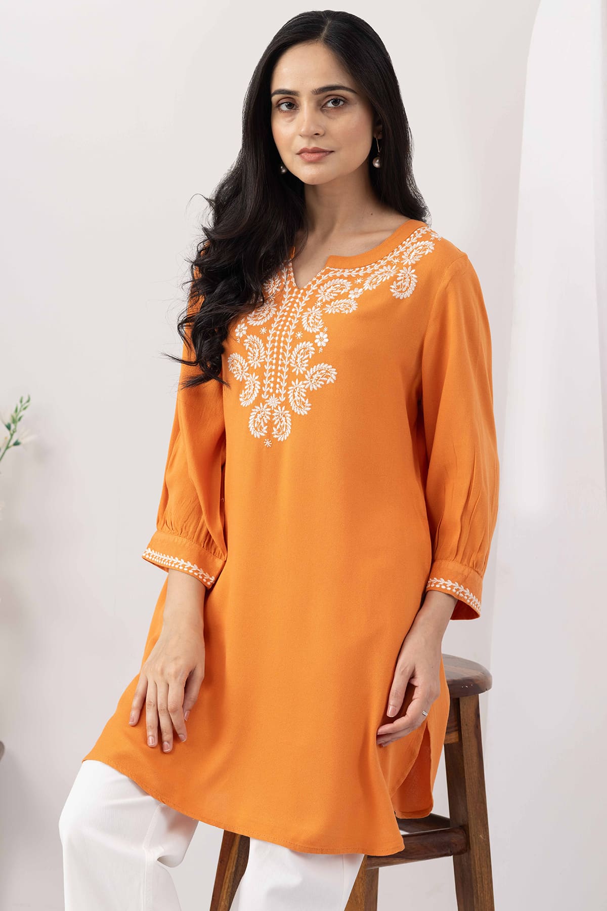 orange tunic for women embroidered moss viscose round neck 3/4 sleeves
