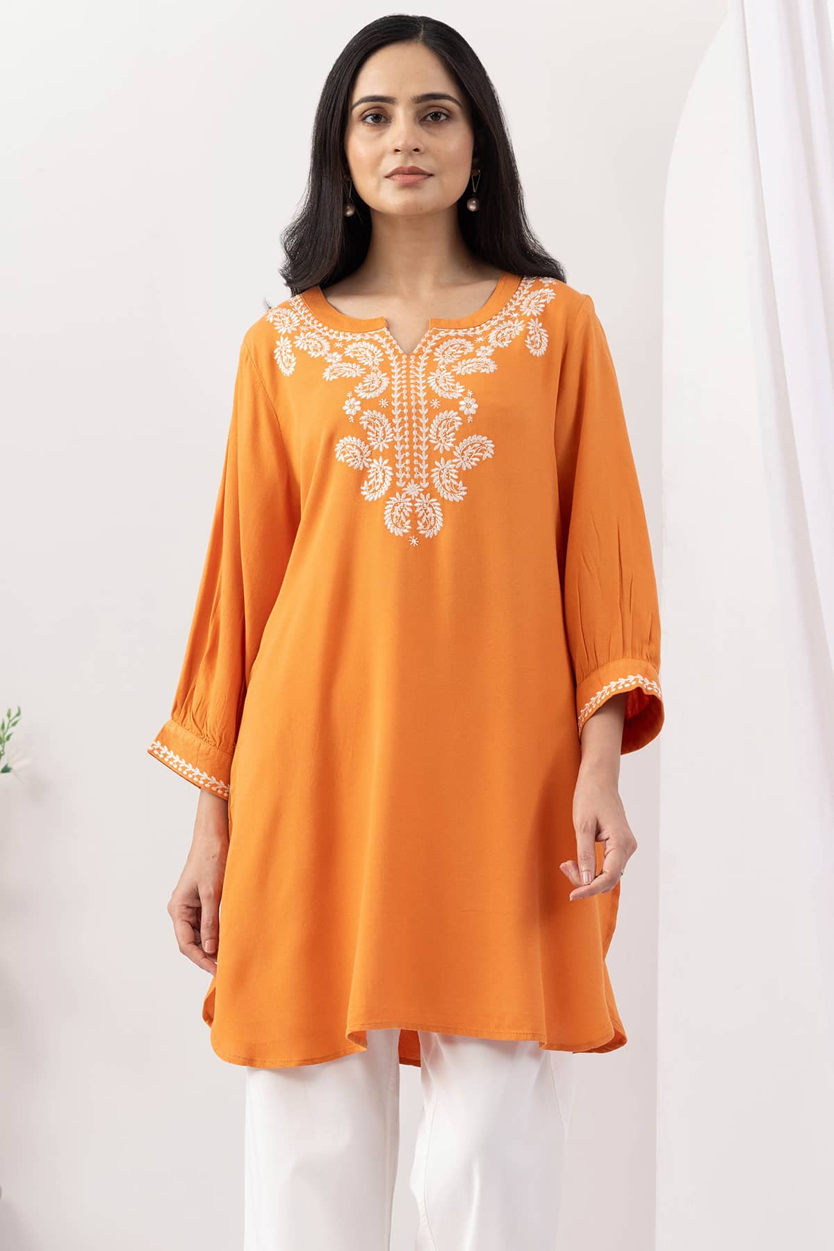 orange tunic for women embroidered moss viscose round neck 3/4 sleeves