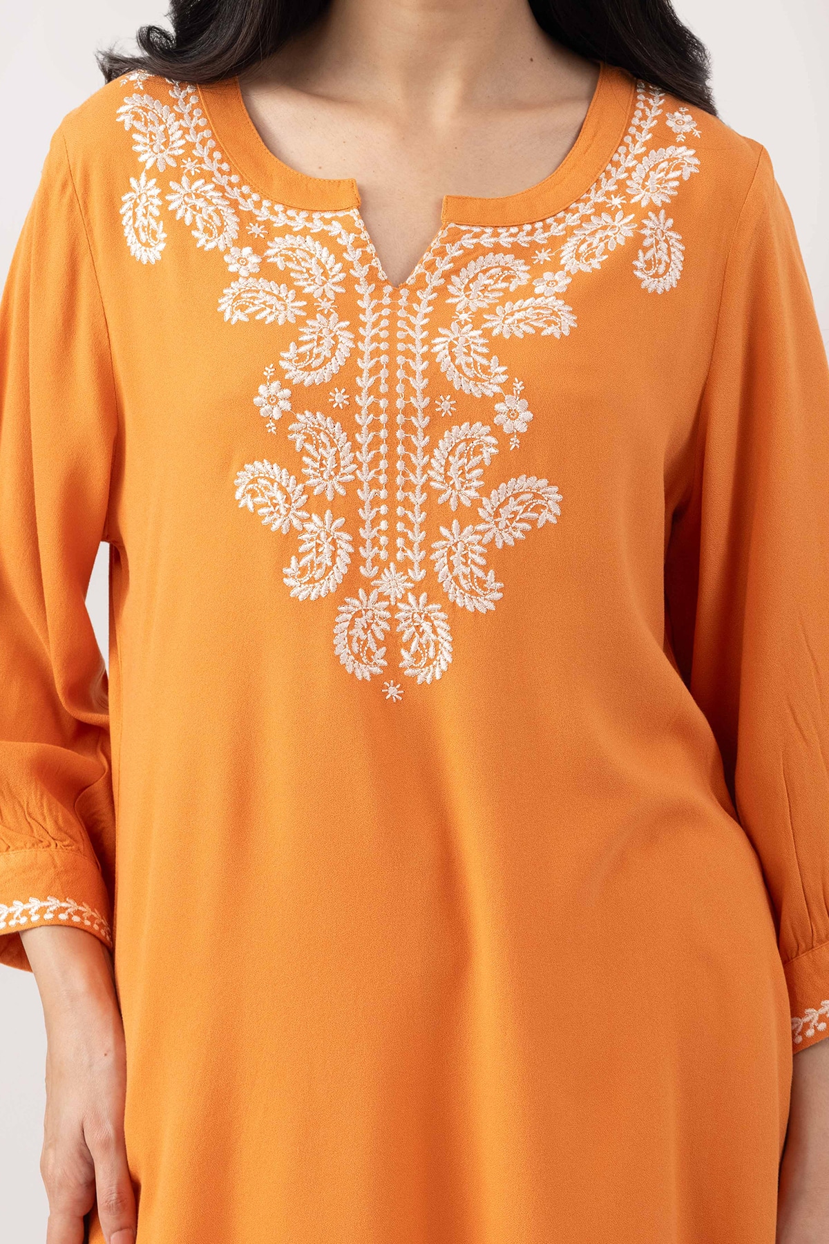 orange tunic for women embroidered moss viscose round neck 3/4 sleeves