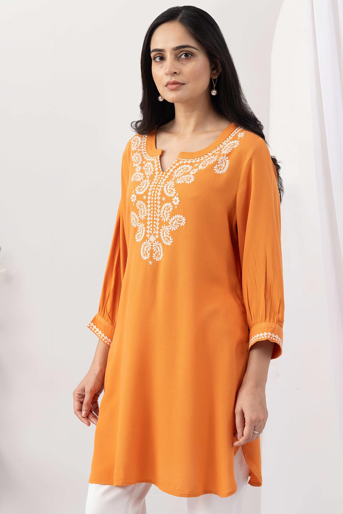 orange tunic for women embroidered moss viscose round neck 3/4 sleeves