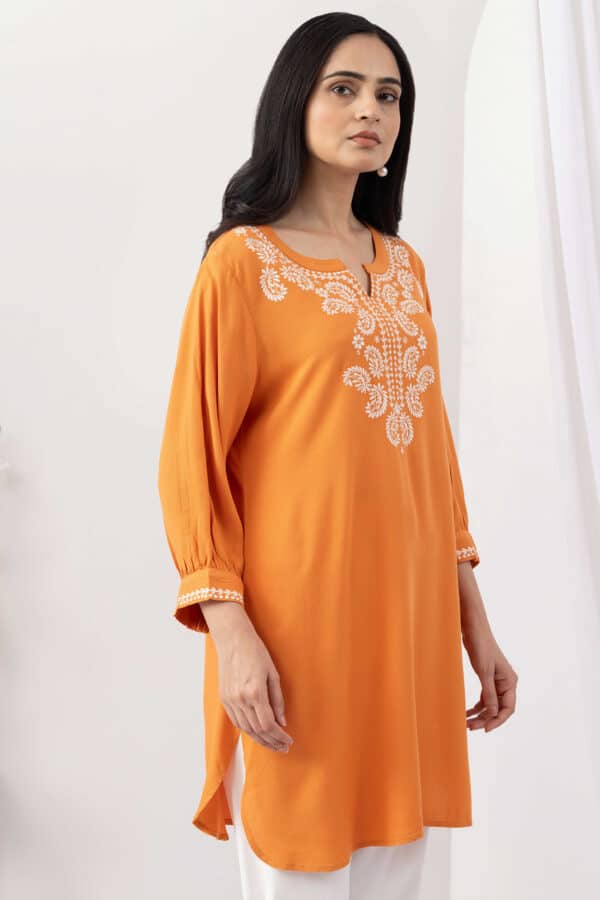 orange tunic for women embroidered moss viscose round neck 3/4 sleeves
