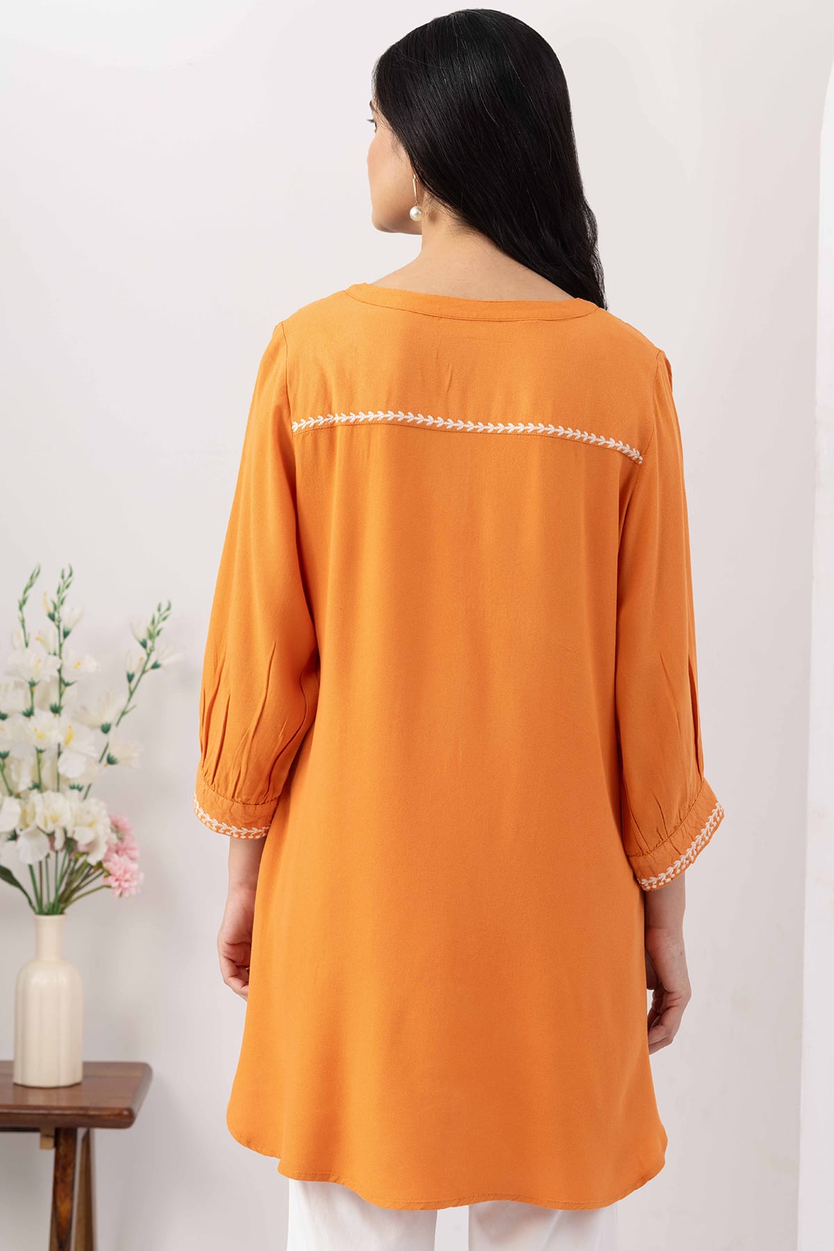orange tunic for women embroidered moss viscose round neck 3/4 sleeves