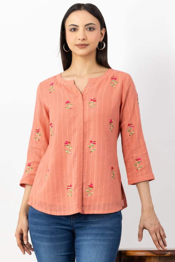 peach shirt for women embroidered cotton dobby round neck 3/4 sleeves