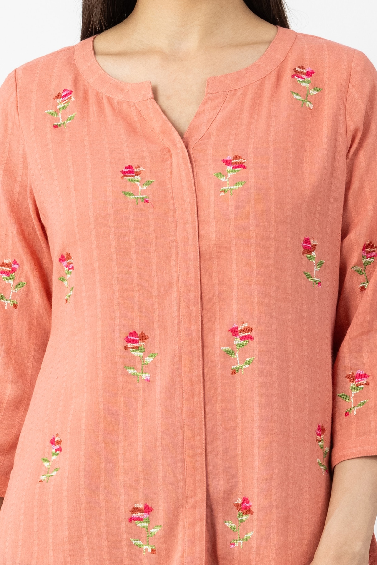 peach shirt for women embroidered cotton dobby round neck 3/4 sleeves