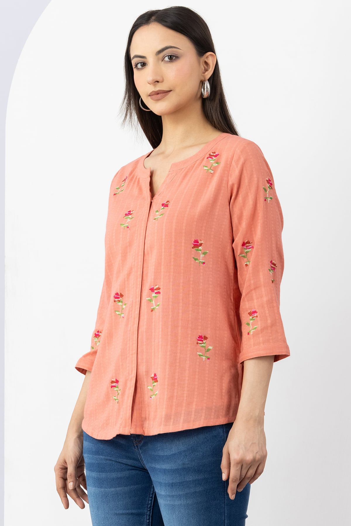 peach shirt for women embroidered cotton dobby round neck 3/4 sleeves