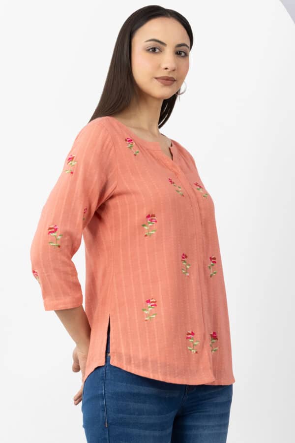 peach shirt for women embroidered cotton dobby round neck 3/4 sleeves