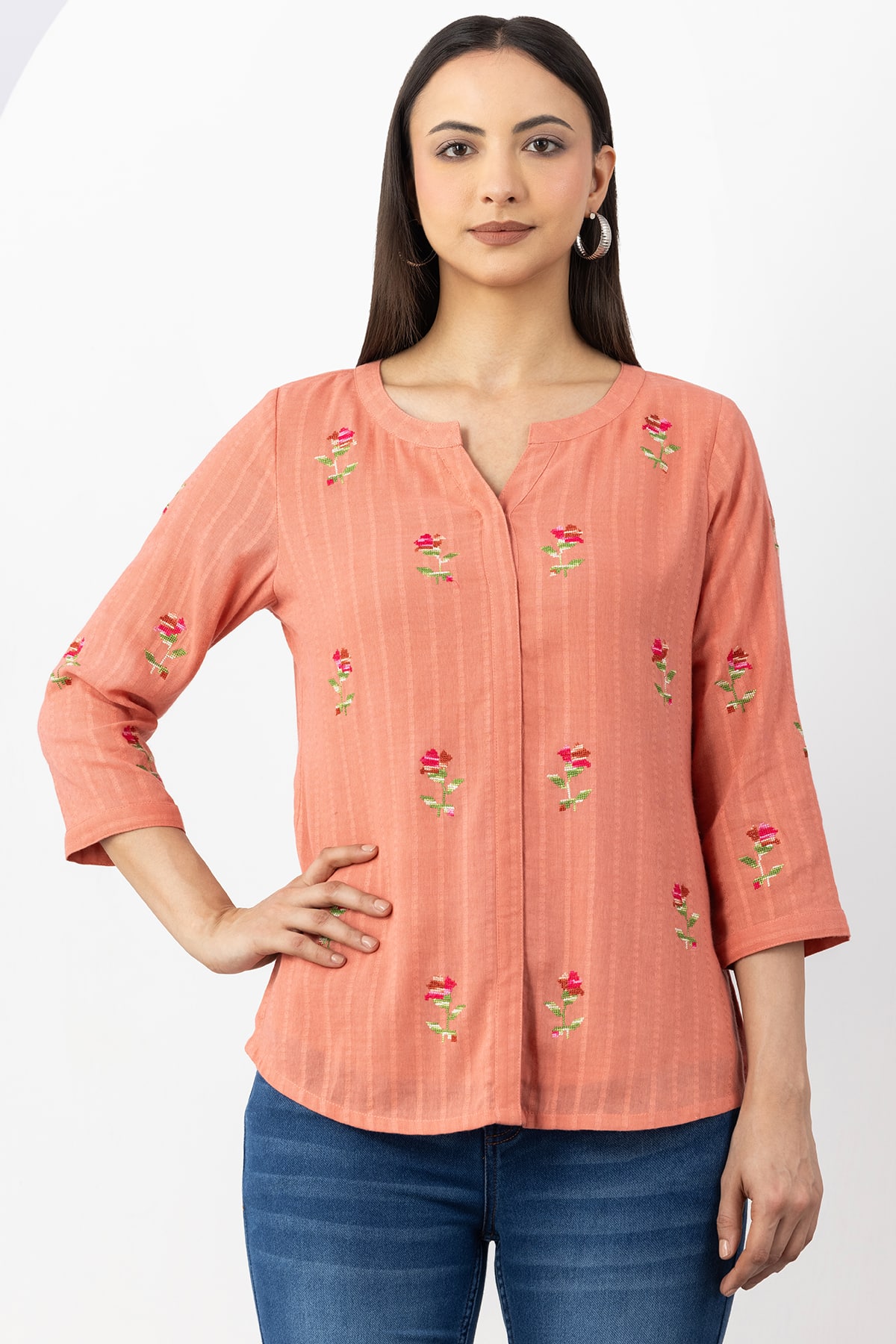 peach shirt for women embroidered cotton dobby round neck 3/4 sleeves