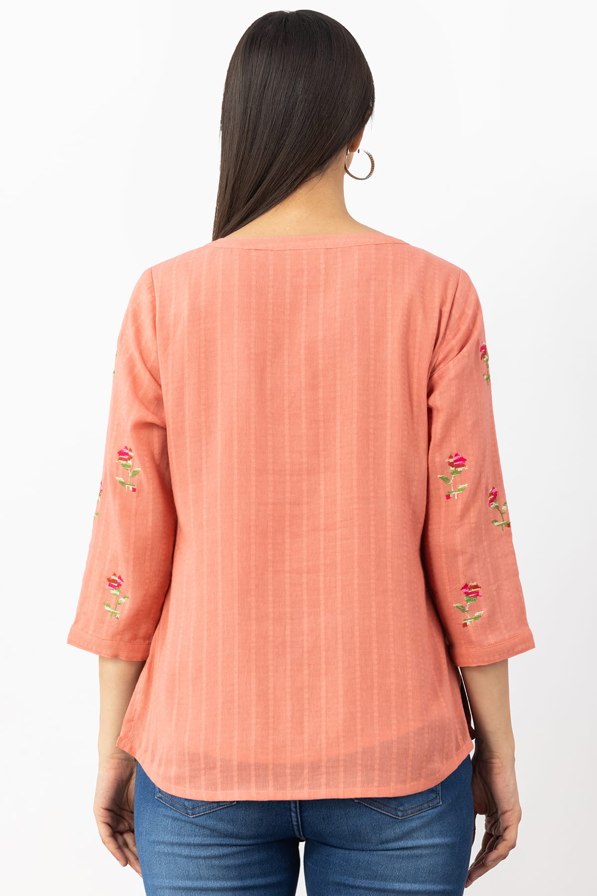 peach shirt for women embroidered cotton dobby round neck 3/4 sleeves