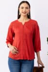 women solid shirt coral viscose round neck 3/4 sleeves regular fit