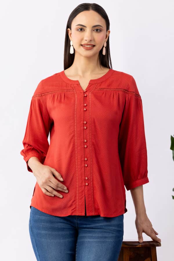 women solid shirt coral viscose round neck 3/4 sleeves regular fit