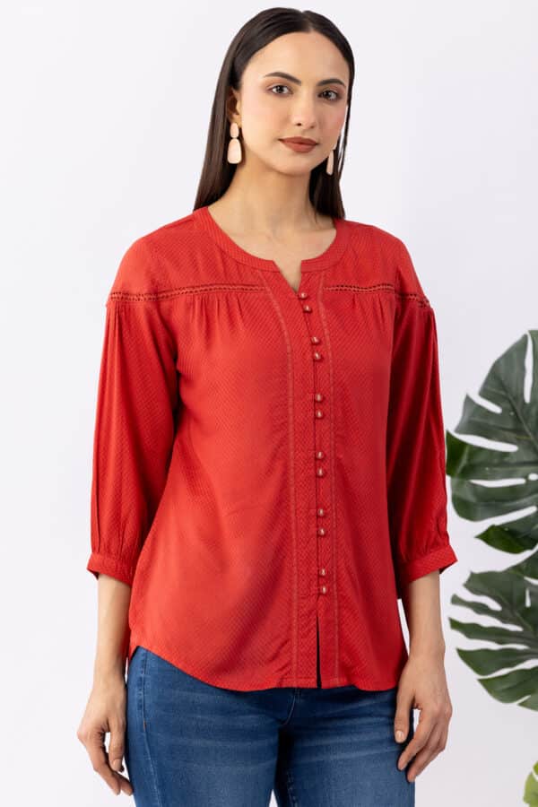 women solid shirt coral viscose round neck 3/4 sleeves regular fit
