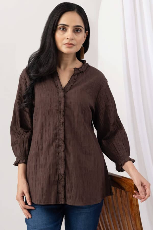 mandarin collar shirt women brown cotton crepe dobby 3/4 sleeves regular fit