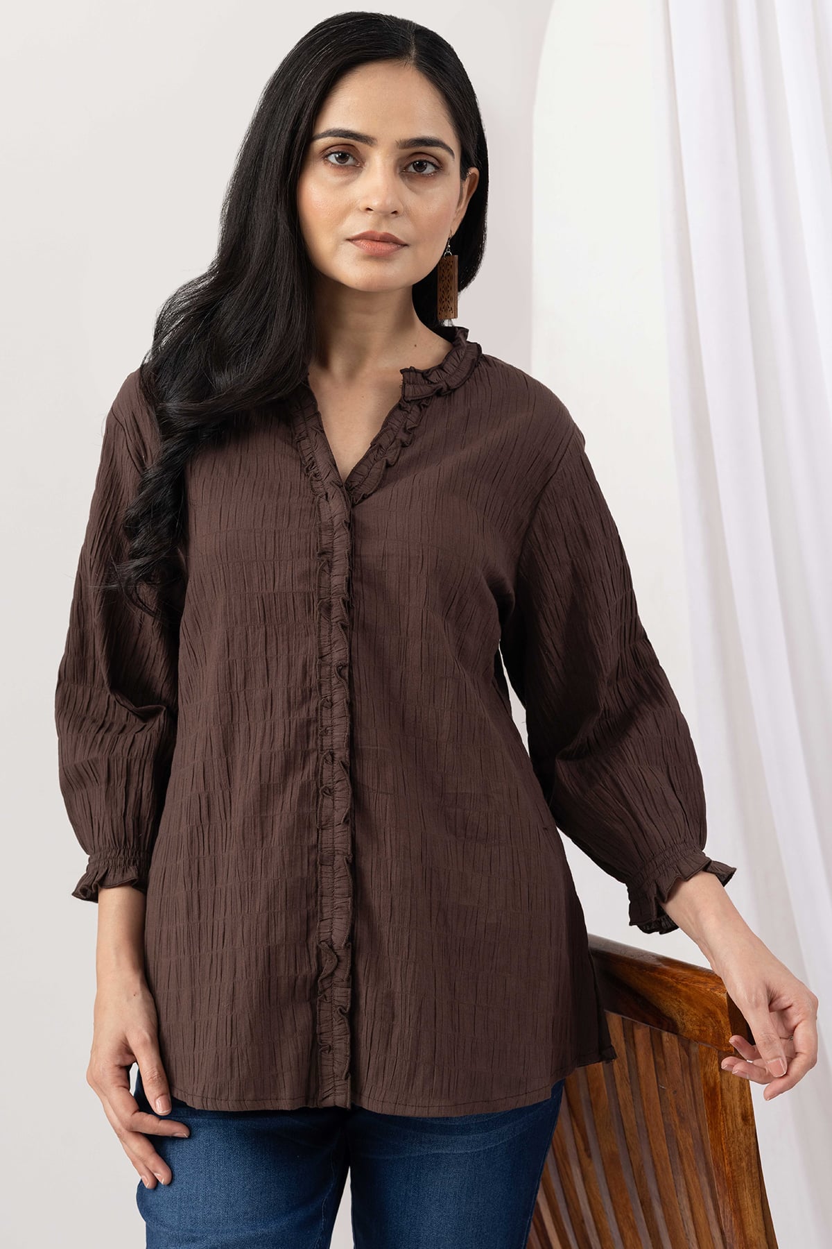 mandarin collar shirt women brown cotton crepe dobby 3/4 sleeves regular fit