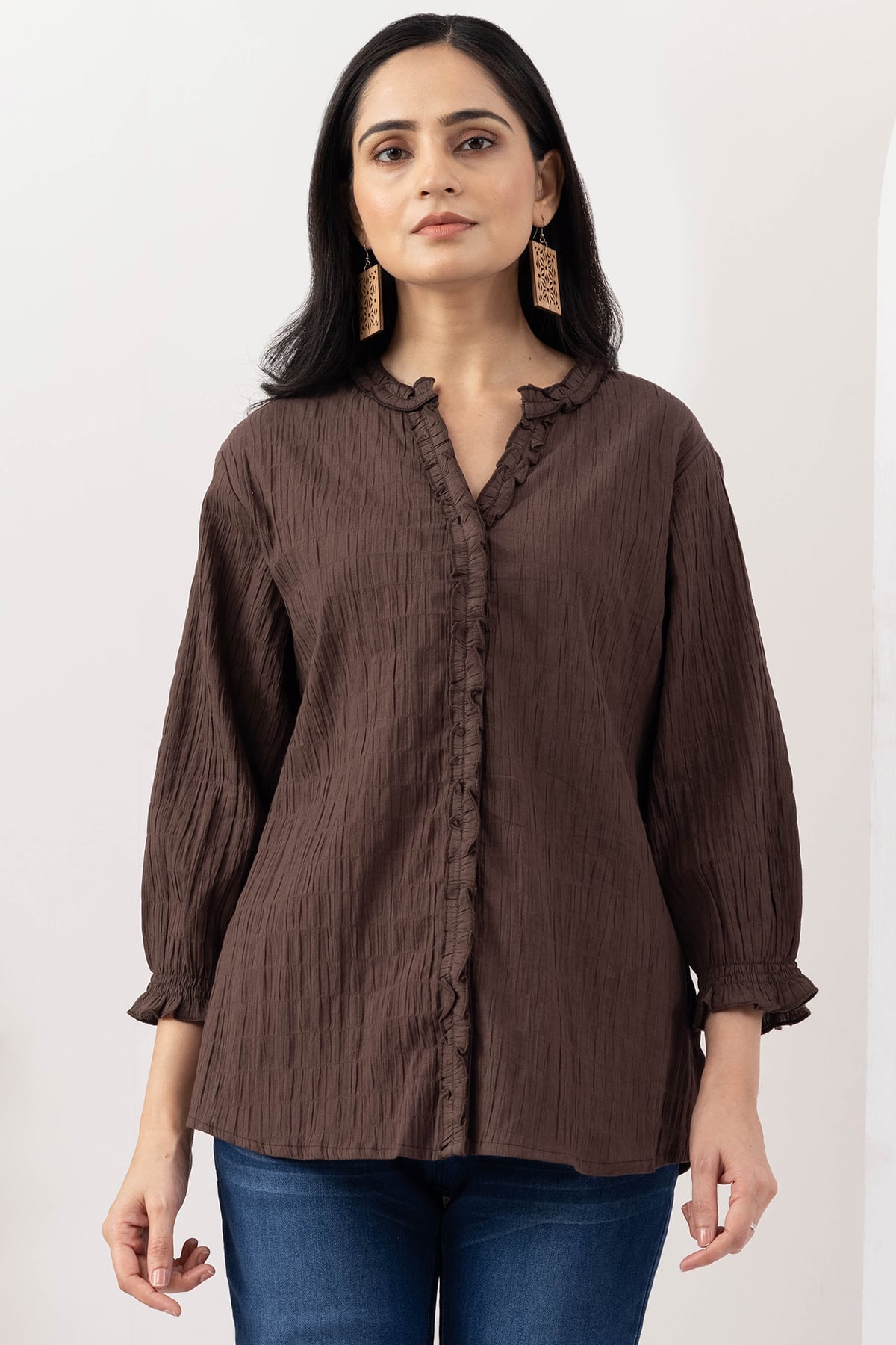 mandarin collar shirt women brown cotton crepe dobby 3/4 sleeves regular fit
