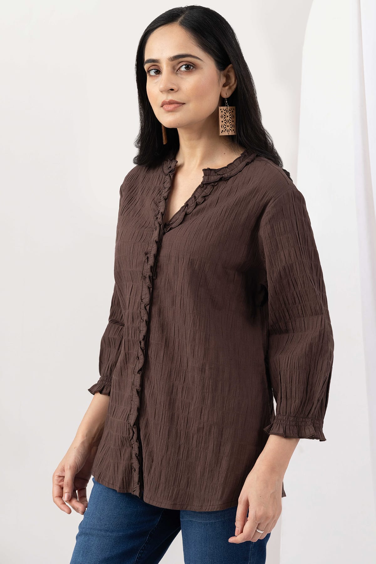 mandarin collar shirt women brown cotton crepe dobby 3/4 sleeves regular fit