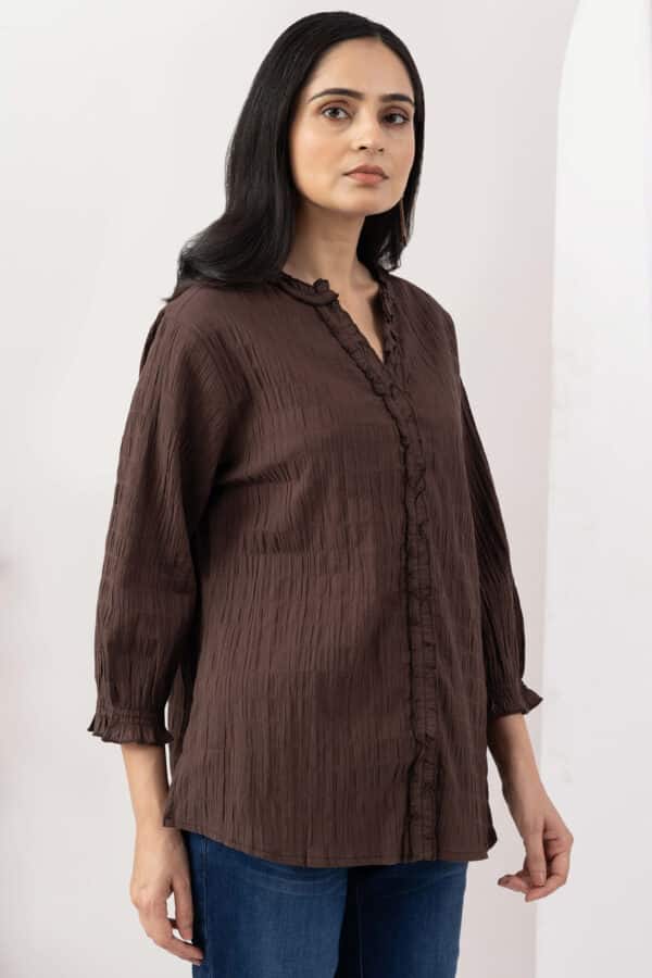 mandarin collar shirt women brown cotton crepe dobby 3/4 sleeves regular fit