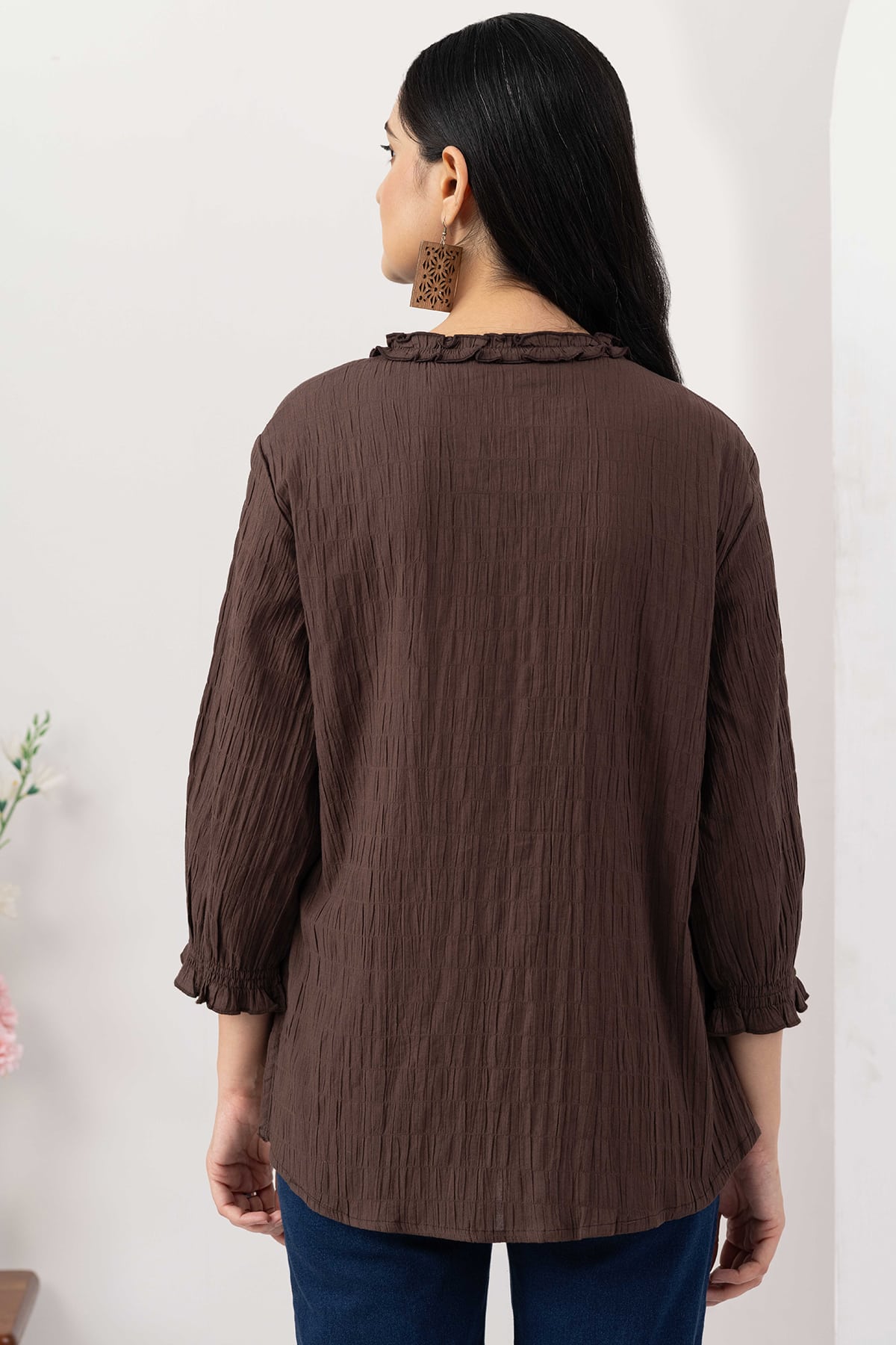 mandarin collar shirt women brown cotton crepe dobby 3/4 sleeves regular fit