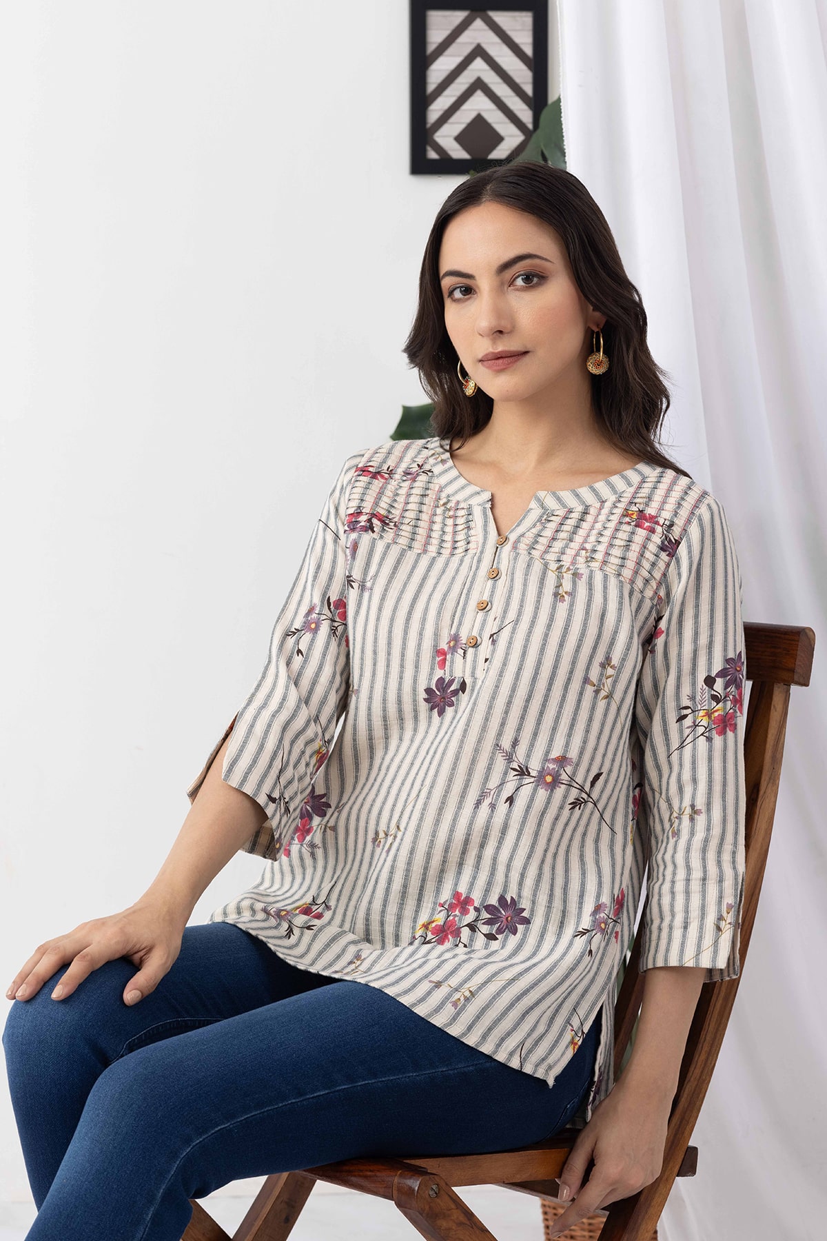striped top for women ivory cotton dobby print round neck 3/4 sleeves
