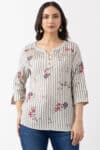 striped top for women ivory cotton dobby print round neck 3/4 sleeves