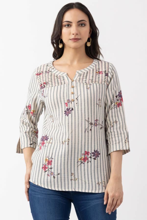 striped top for women ivory cotton dobby print round neck 3/4 sleeves
