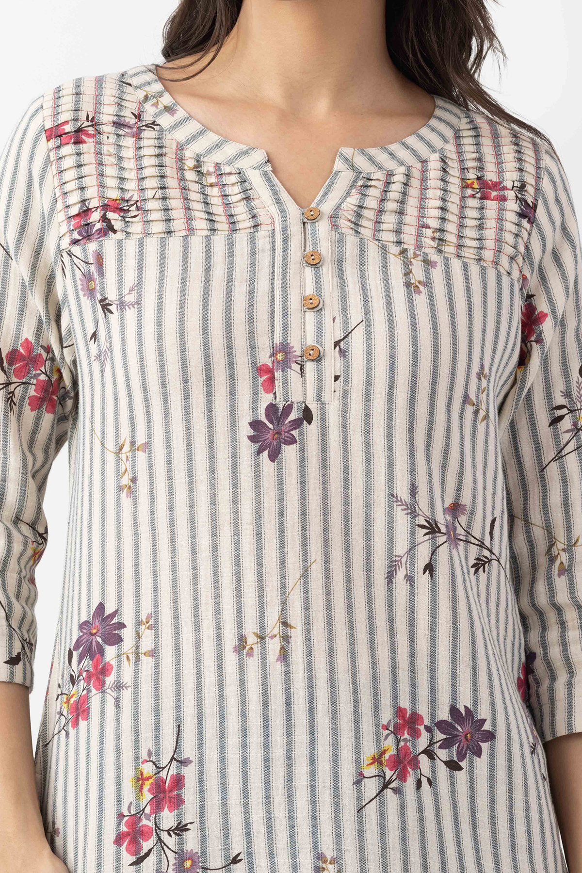 striped top for women ivory cotton dobby print round neck 3/4 sleeves