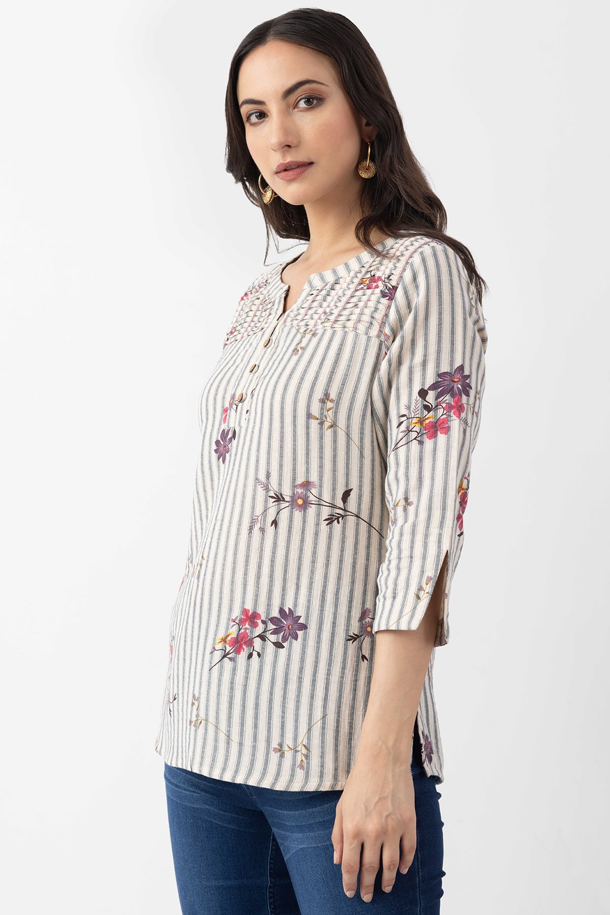 striped top for women ivory cotton dobby print round neck 3/4 sleeves
