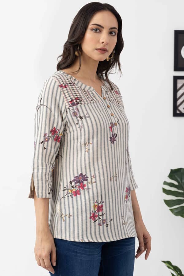 striped top for women ivory cotton dobby print round neck 3/4 sleeves