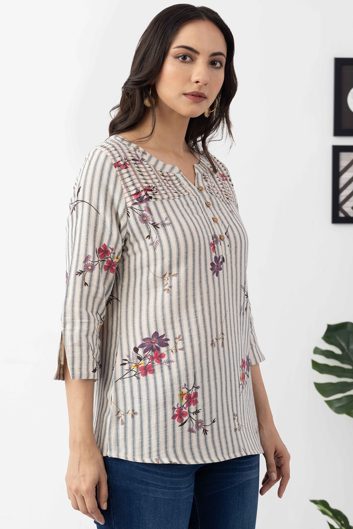 striped top for women ivory cotton dobby print round neck 3/4 sleeves