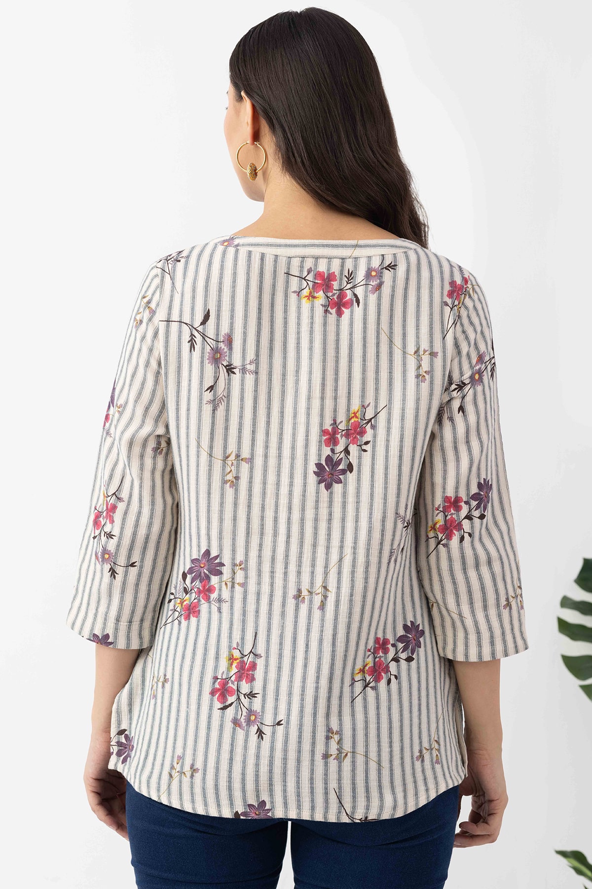 striped top for women ivory cotton dobby print round neck 3/4 sleeves