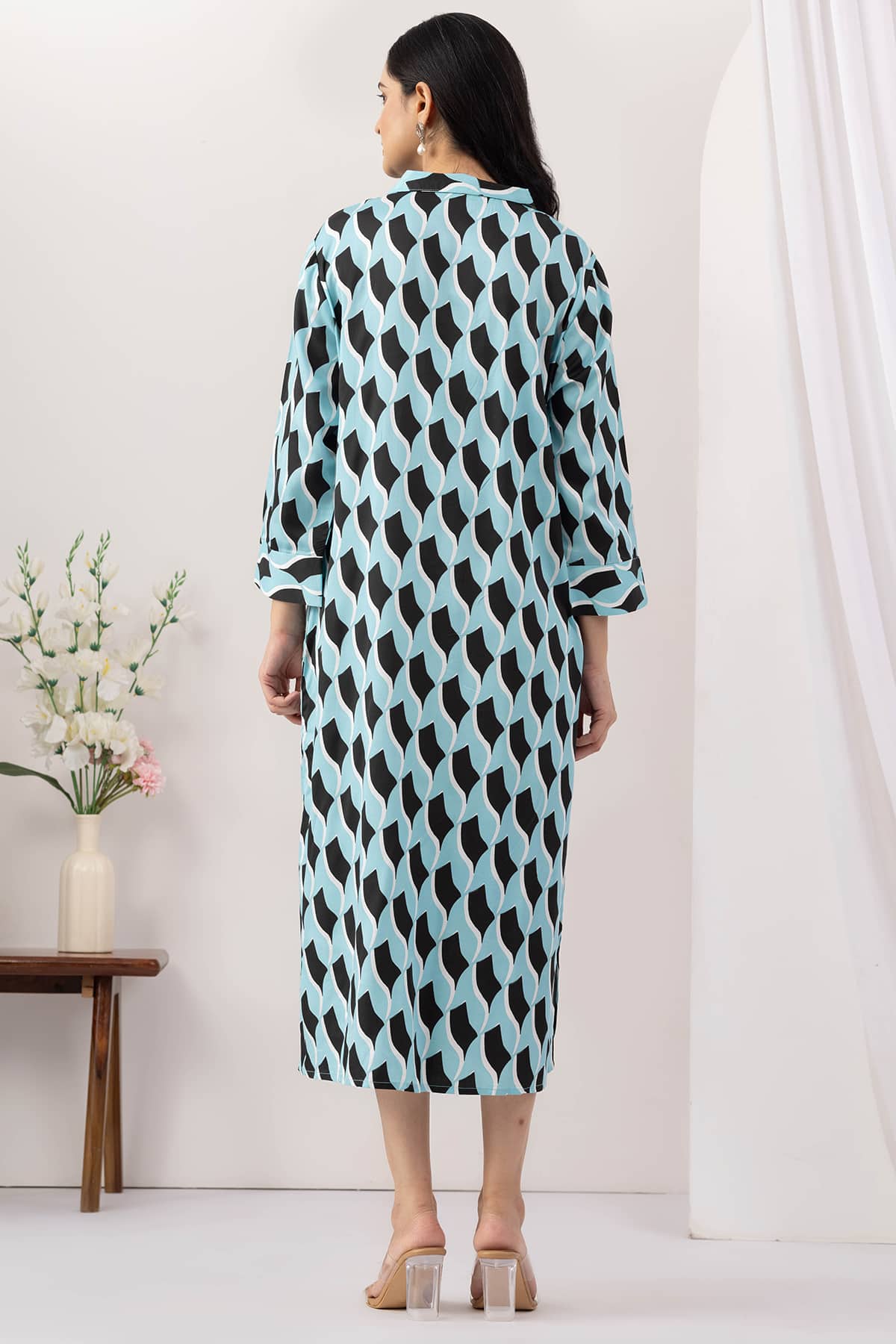 sky blue dress for women printed viscose collared neck 3/4 sleeves