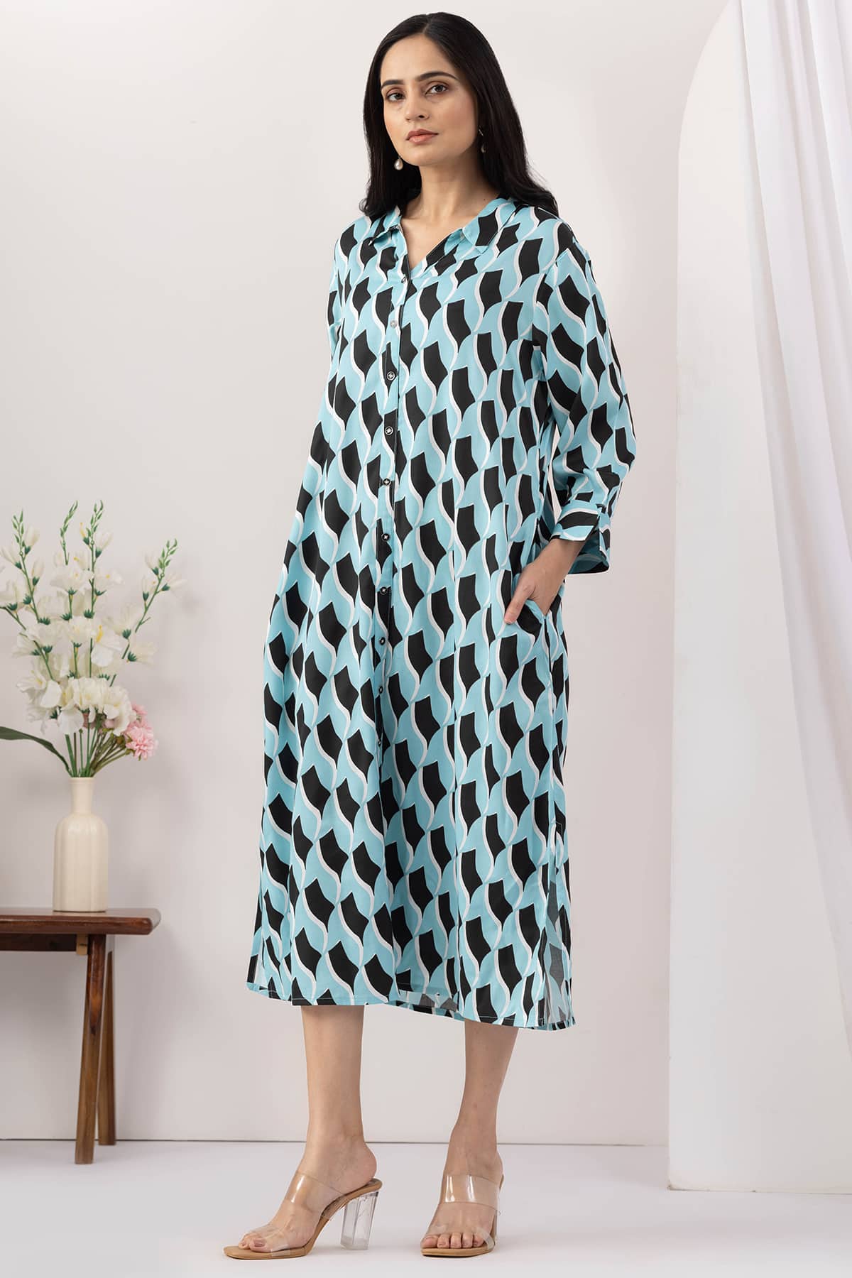 sky blue dress for women printed viscose collared neck 3/4 sleeves