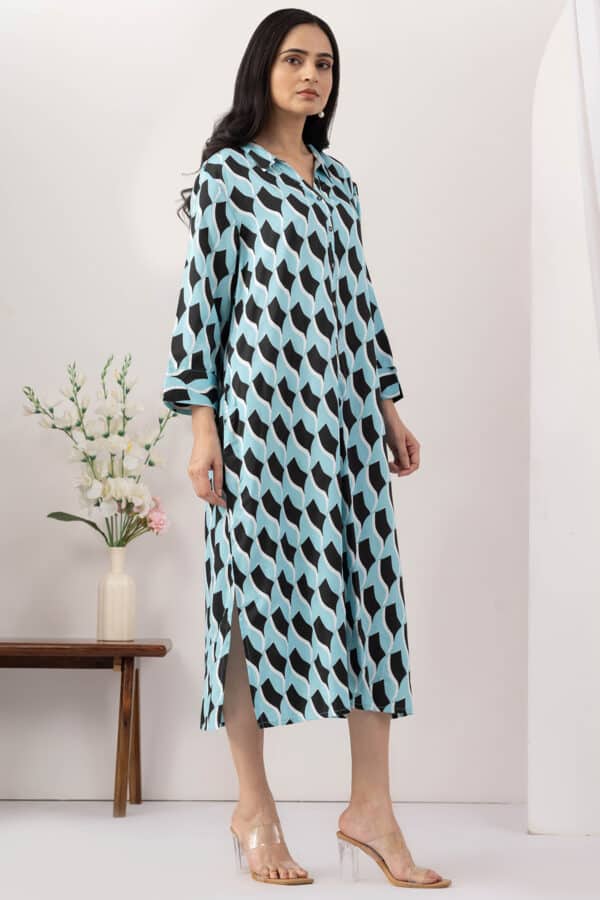 sky blue dress for women printed viscose collared neck 3/4 sleeves