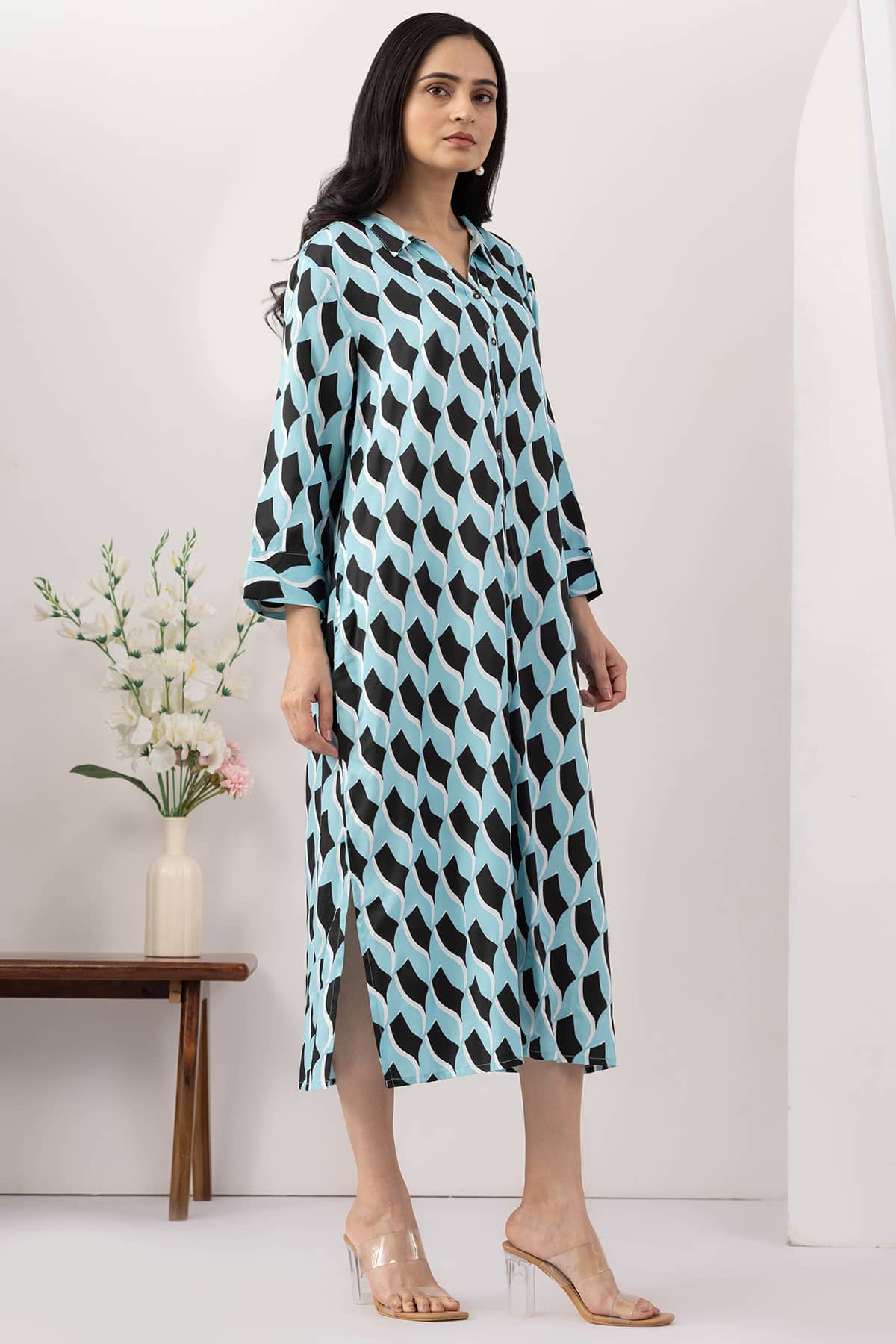 sky blue dress for women printed viscose collared neck 3/4 sleeves