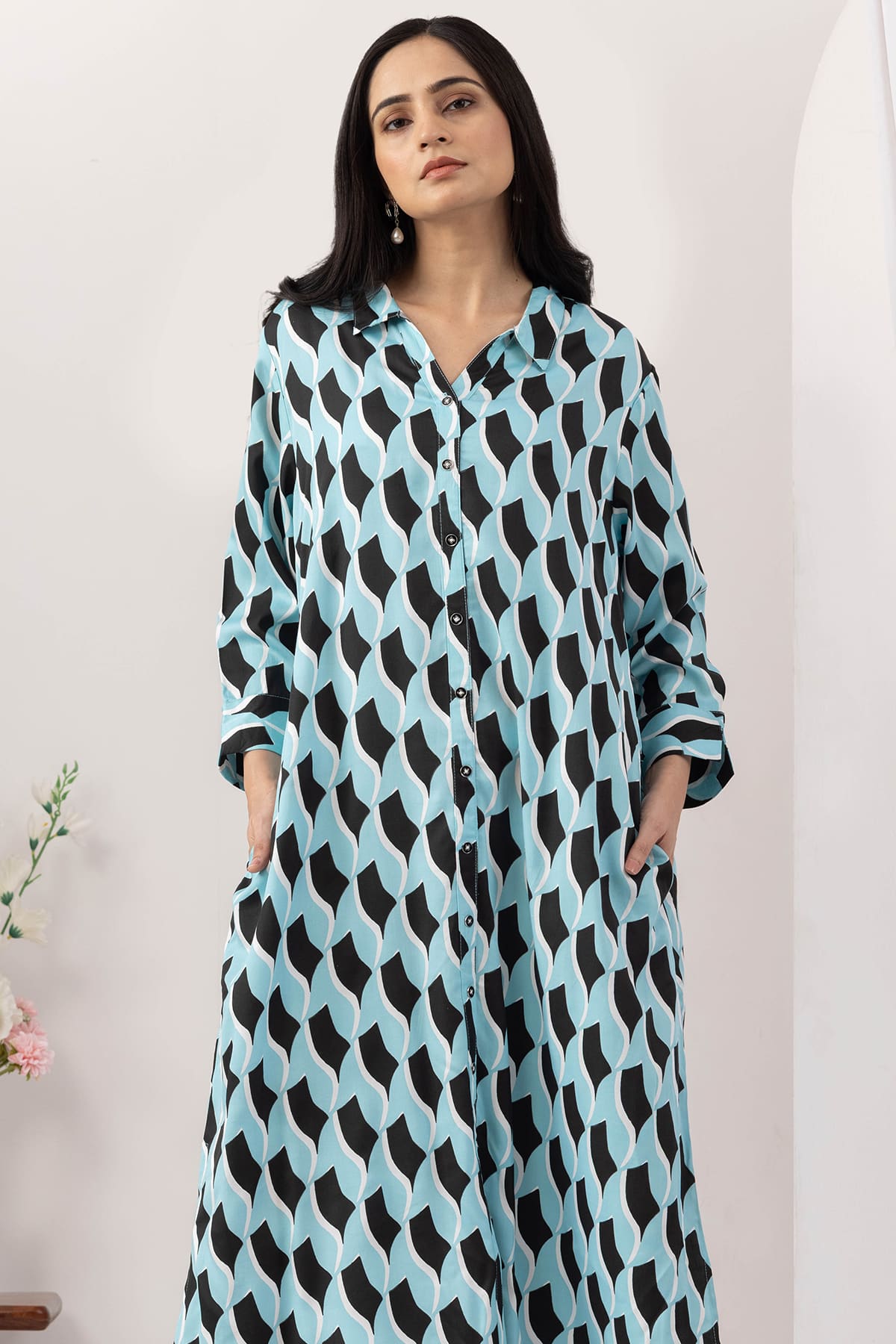 sky blue dress for women printed viscose collared neck 3/4 sleeves