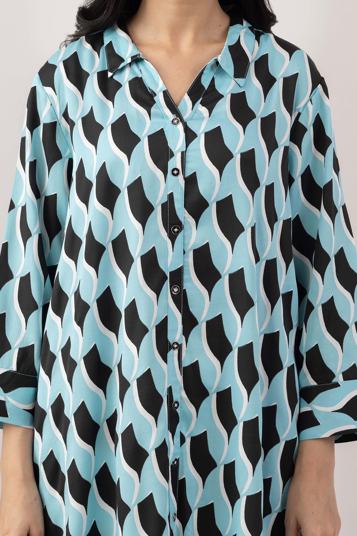 sky blue dress for women printed viscose collared neck 3/4 sleeves