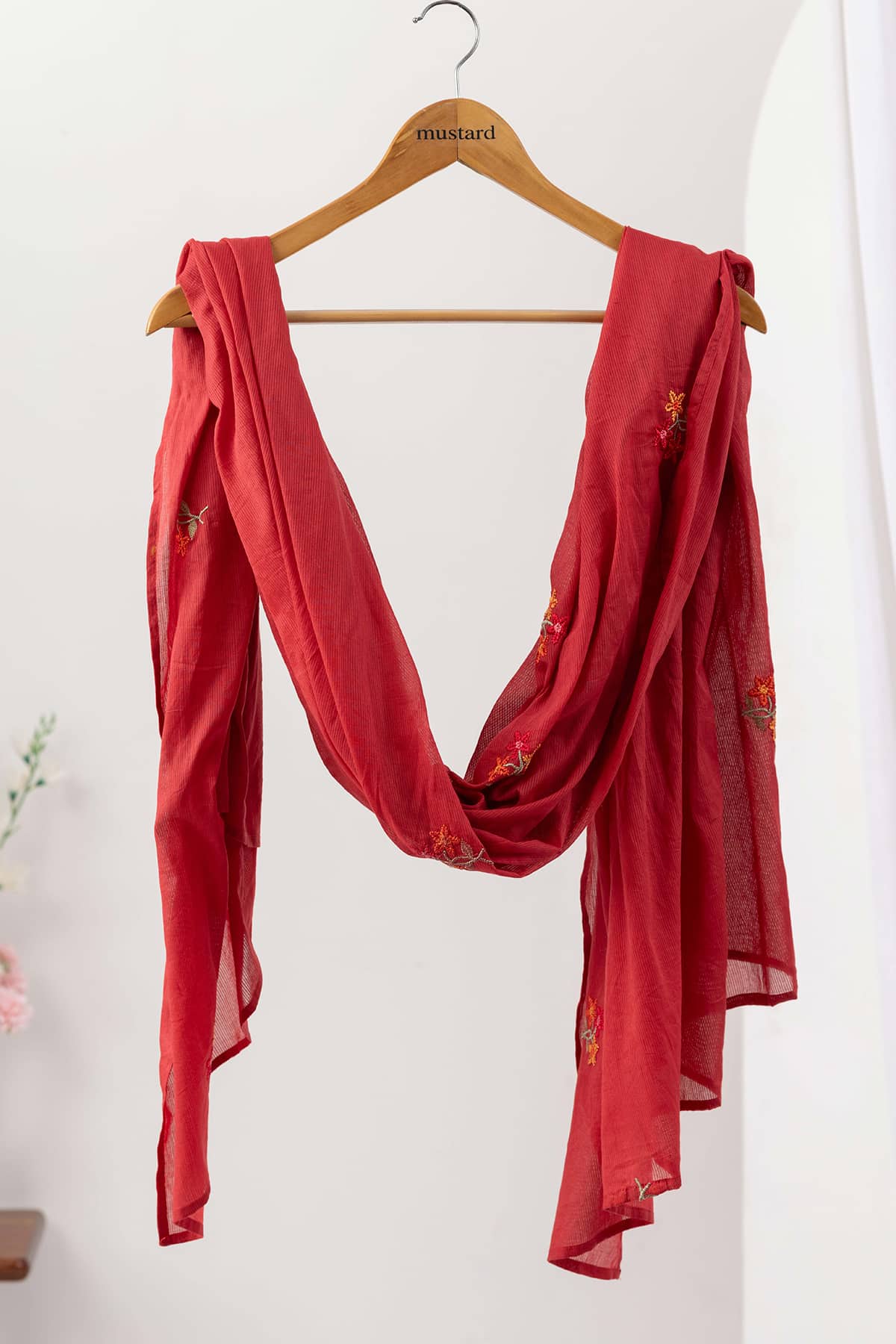 embroidered dupatta for women salmon red muslin dobby ethnic wear