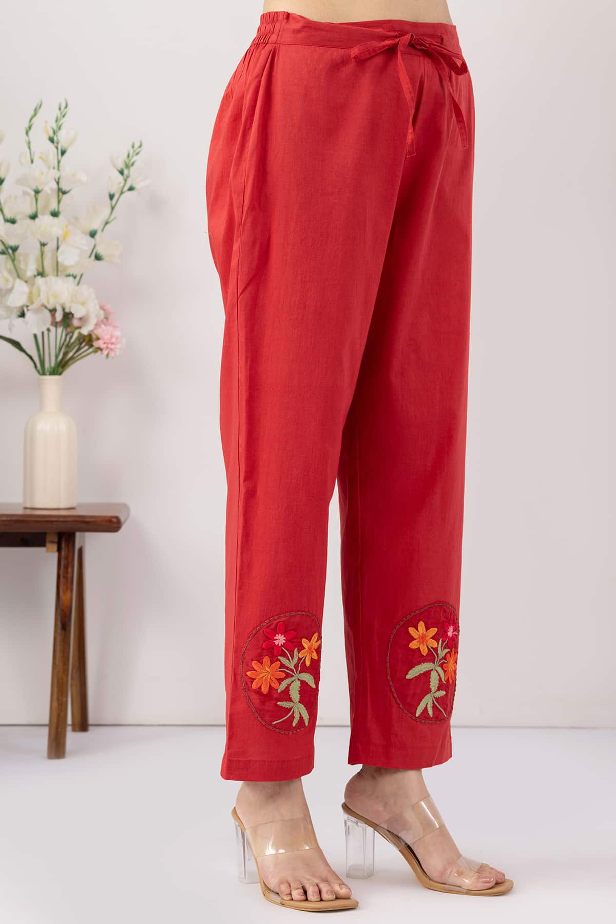 ethnic palazzo pants women salmon red embroidered cotton regular fit