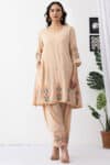beige kurta set for women embroidered chanderi viscose round neck 3/4 sleeves