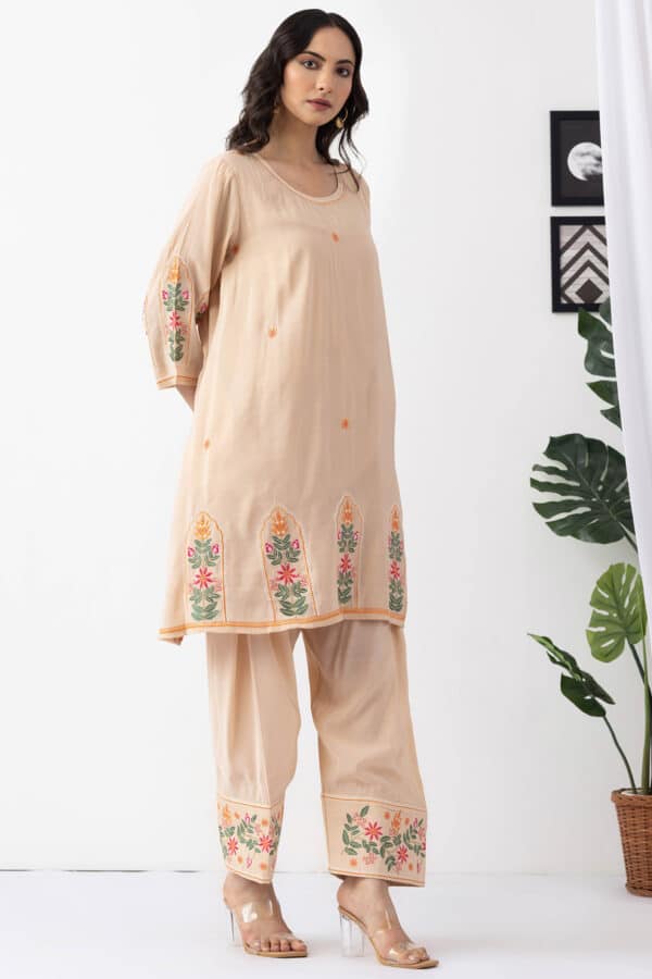 beige kurta for women embroidered chanderi viscose round neck 3/4 sleeves