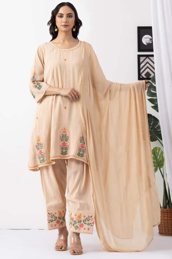 beige kurta for women embroidered chanderi viscose round neck 3/4 sleeves